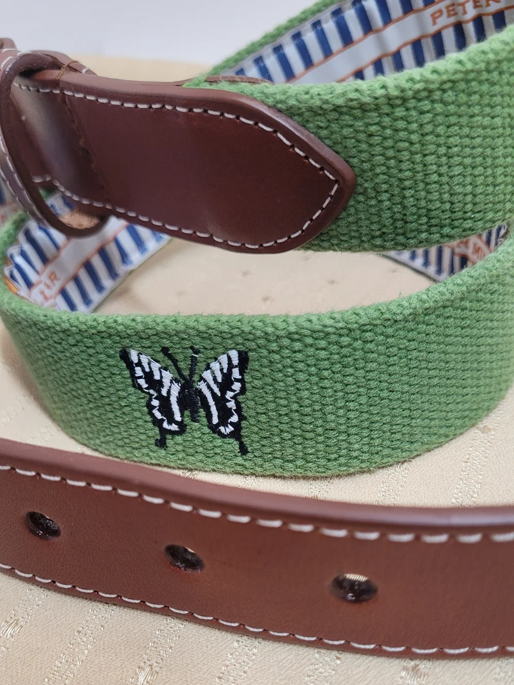 Peter Millar Bandon Trails Golf Belt Size 38 Canvas Leather Butterfly Logo Green